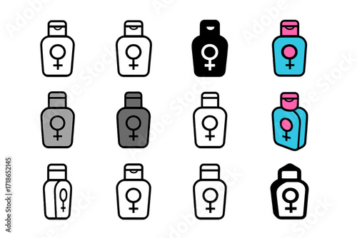 Feminine Hygiene Logos. Set Logo of Feminine Hygiene Products and Practices: Feminine Wash Bottle. Logo set in vector style, emblematic variations. line, bold