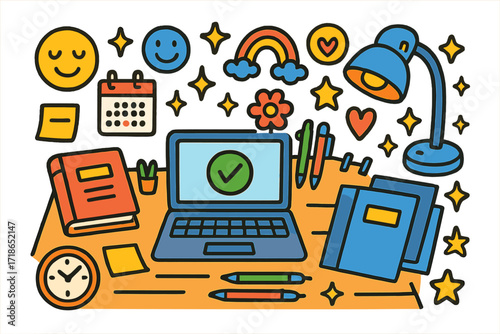Colorful Desk Doodle. Colorful Hand-drawn doodle Children illustration Efficient Work Setup tidy desk, laptop, notebooks, sticky
