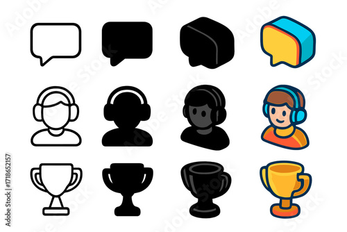 Colorful Gaming Icon Set. Icon Set of Multiplayer gaming: chat bubble, avatar, trophy. Icons set in vector style, emblematic variations. Chat bubble line, chat