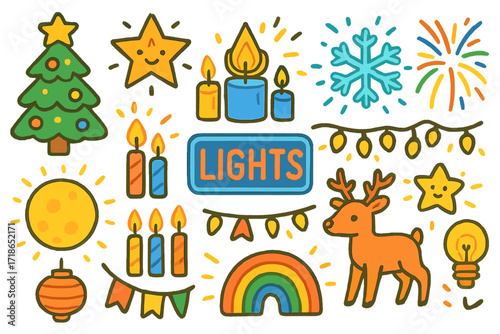 Festive Holiday Doodles. Colorful Hand-drawn doodle Children illustration Holiday mood lighting [Christmas tree lights, star lantern, glowing snowflake, candle