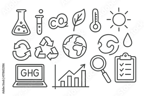 Climate Study Doodles. Hand-drawn doodle illustration greenhouse gas study flask, test tube, CO2 molecule symbol, leaf, globe,