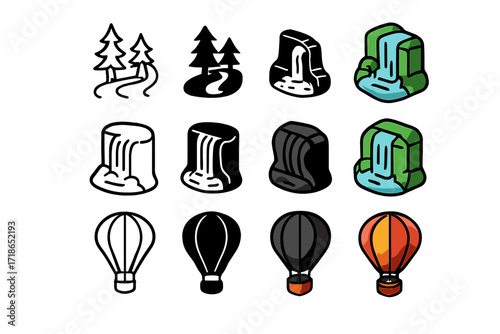 Nature Travel Icon Set. Icon Set of Nature travel: forest trail, waterfall, hot air balloon. Icons set in vector style, emblematic variations. Forest trail