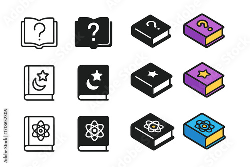 Colorful Reading Icons. Icon Set of Reading Log Genres: Mystery book, Fantasy book, Science book. Icons set in vector style, emblematic variations. Mystery