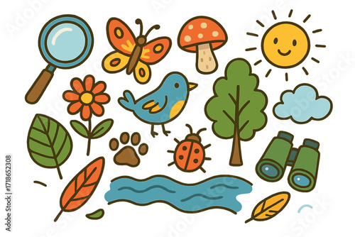Colorful Nature Exploration. Nature exploration. Colorful Hand-drawn doodle Children illustration magnifying glass, butterfly, flower, mushroom, bird, leaf,