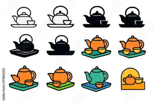 Mindfulness Tea Logo Grid. Set Logo of Mindfulness practices and meditation retreats: Tea ceremony set. Logo set in vector style, emblematic variations. line,