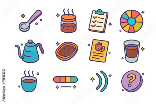 Coffee Tasting Icons. Colorful isometric vector icons set of coffee cupping and tasting: cupping spoon, aroma jar, score sheet,