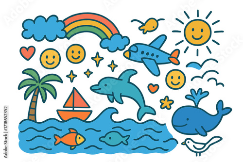 Whimsical Sea Adventure. Colorful Hand-drawn doodle Children illustration Soaring Over the Sea rainbow, waves, sun, clouds, airplane, fish, dolphin, whale,