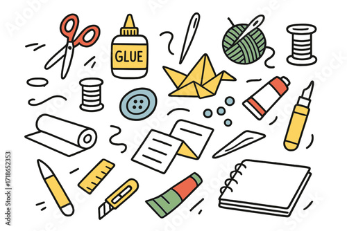 Craft Supplies Icons. Crafts. Hand-drawn doodle illustration crafts scissors colored, glue, yarn ball colored, sewing needle,