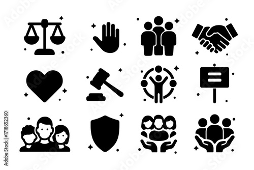 Fairness Icon Set. Fairness. Solid icons set of balanced scale, open hand, group of people, handshake, heart, justice hammer, inclusive circle, equality