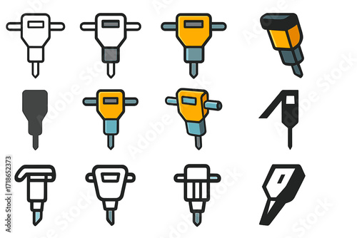 Construction Logo Variations. Set Logo of Commercial Construction: Jackhammer. Logo set in vector style, emblematic variations. line, bold thick line, solid