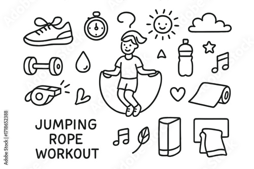 Jump Rope Essentials. Hand-drawn doodle illustration Jumping rope workout [jump rope, sneakers, stopwatch, water bottle, dumbbell, whistle, sweat droplet,