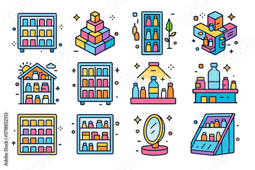 Isometric Shelf Icon Set. Colorful isometric vector icons set of display shelf layouts: symmetrical shelf design, pyramid-style product layout, vertical