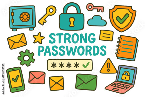 Doodle Cybersecurity Icons. Colorful Hand-drawn doodle Children illustration Strong passwords [lock, key, padlock, password field,