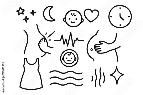 Pregnancy Doodle Icons. Hand-drawn doodle illustration Baby kicks baby bump, tiny foot, heart, hand on belly, baby icon, heartbeat