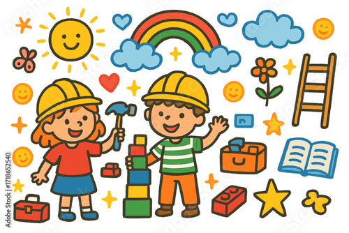 Playful Builders Illustration. Colorful Hand-drawn doodle Children illustration Kids Pretending Builders children in hard hats, toy bricks, toy hammer,
