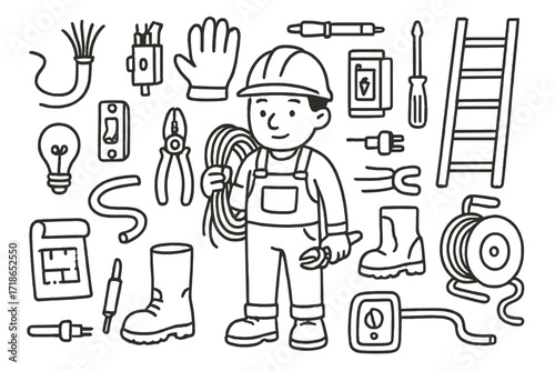 Electrician Tools Doodle. Hand-drawn doodle illustration Electricians on site wires, pliers, gloves, circuit box, helmet, screwdriver, fuse, safety boots,