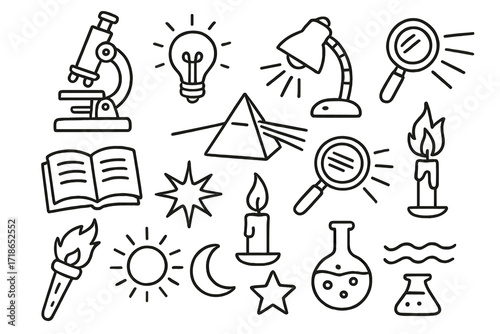 Scientific Symbols Doodle. Hand-drawn doodle illustration scientific illumination microscope, light bulb, lamp, prism, magnifying glass, rays, book, spark,