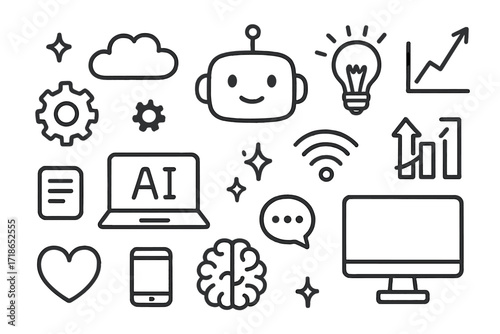 AI Workplace Doodles. Hand-drawn doodle illustration AI in workplace [robot head, gear, laptop, cloud, graph, light bulb, wifi