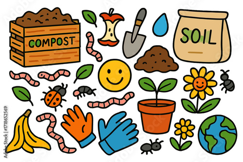 Compost Doodle Art. Colorful Hand-drawn doodle Children illustration Compost and soil compost bin, apple core, leaves, worms, happy face, shovel, dirt, bag of