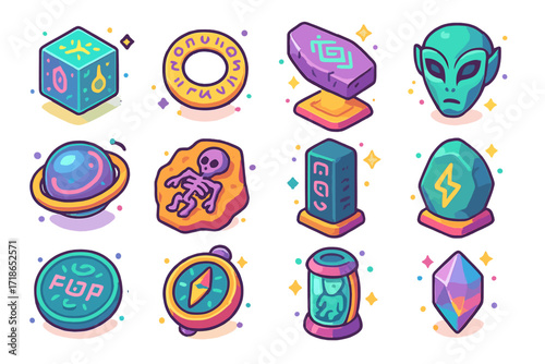 Alien Artifacts Icon Grid. Colorful isometric vector icons set of Mysterious alien artifacts: glowing cube relic, ring of runes,