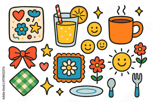 Colorful Doodle Coaster Art. Colorful Hand-drawn doodle Children illustration Decorative Coasters patterned coaster, colorful shapes, glass of lemonade, coffee