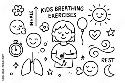 Kids Breathing Doodle. Hand-drawn doodle illustration kids breathing exercises cartoon face, breath cloud, hand on belly, balloon, happy sun, inhale arrow,