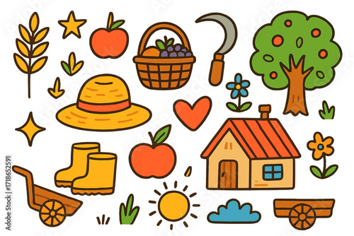 Bountiful Harvest Doodles. Harvest. Colorful Hand-drawn doodle Children illustration wheat, basket, fruit, sickle, boots, straw