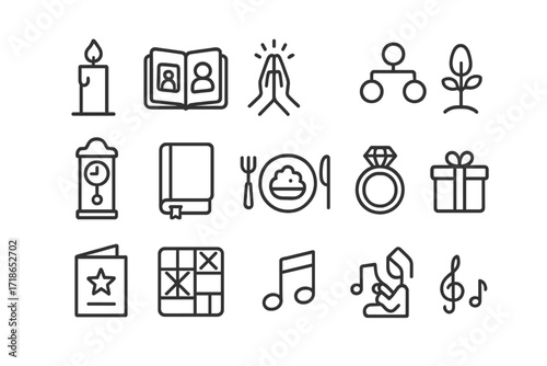 Family Ritual Icons. Family rituals. Line icon set of family rituals: candle, photo album, prayer hands, family tree, heirloom clock, journal, meal blessing,
