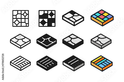 Specialized Flooring Icons. Icon Set of Specialized Flooring: Mosaic tiles, Stone slabs, Carpet tiles. Icons set in vector style,