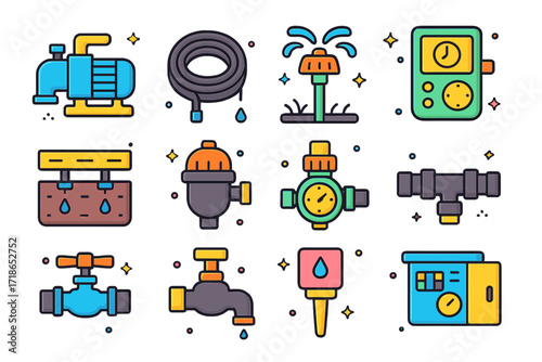 Colorful Irrigation Icons Set. Colorful isometric vector icons set of irrigation system components: water pump, drip hose,