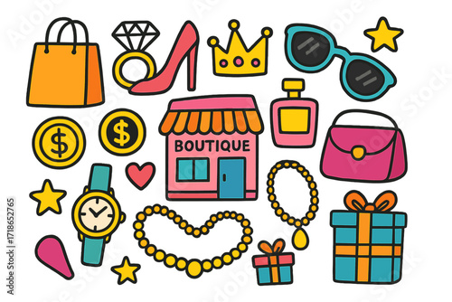 Luxury Shopping Icons. Luxury shopping. Colorful Hand-drawn doodle Children illustration shopping bag, diamond ring, high heel shoe, perfume bottle, crown,