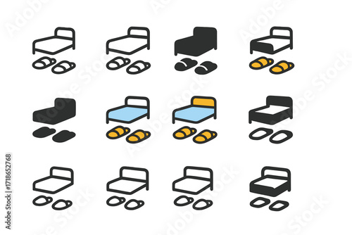 Minimalist Slipper Logos. Set Logo of Slippers by the Bedside: Minimalist Slippers under Floating Bed. Logo set in vector style, emblematic variations. line,