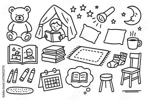 Childhood Reading Adventure. Hand-drawn doodle illustration Childhood reading memory teddy bear, storybook, blanket fort,