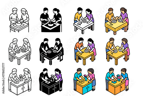 Household Teamwork Icons. Icon Set of Household teamwork: cooking dinner, setting the table, cleaning counters. Icons set in vector style, emblematic