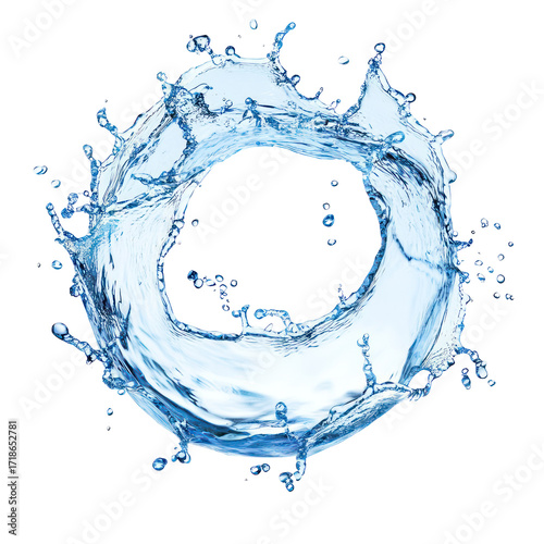 Dynamic circular water splash frozen in motion isolated on transparent background