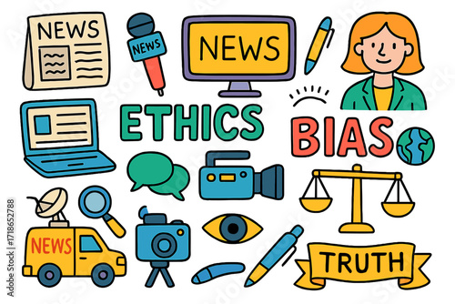 Journalism Doodle Icons. Colorful Hand-drawn doodle Children illustration Journalism ethics and bias [newspaper, microphone, TV