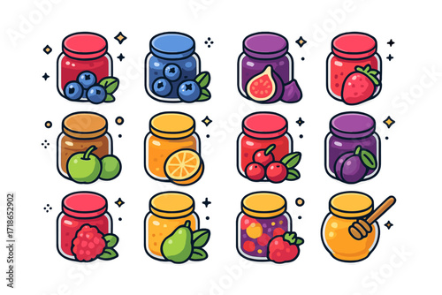 Colorful Preserves Icons. Colorful isometric vector icons set of Homemade preserves and spreads: cranberry jam, blueberry preserves, fig spread, strawberry