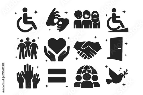 Inclusive Icons Grid. Inclusion. Solid icons set of wheelchair symbol, sign language hand, diverse people, accessible ramp, inclusive circle, support heart,