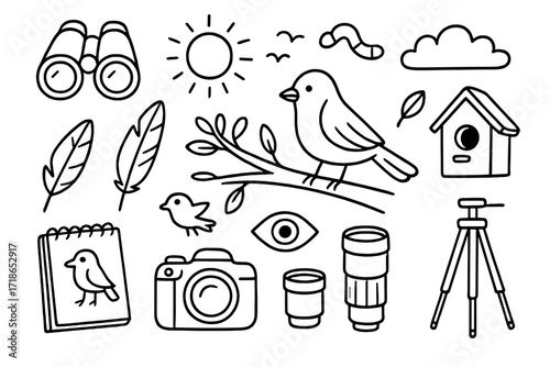 Birdwatching Doodle Icons. Hand-drawn doodle illustration Birdwatching and photography [bird, binoculars, feather, tree branch, camera, lens, notebook, tripod,