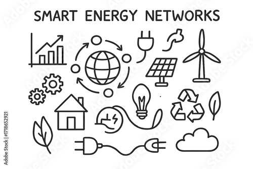 Smart Energy Doodle. Hand-drawn doodle illustration Smart energy networks [globe, nodes, arrows, plug, battery, solar panel, wind turbine, chart, gears,