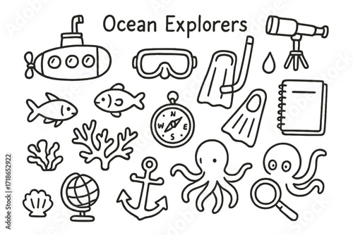 Ocean Exploration Doodles. Hand-drawn doodle illustration Ocean explorers [submarine, diving mask, snorkel, flippers, compass, fish, coral, shell, octopus,
