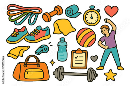 Fitness Equipment Doodles. Resistance Bands. Colorful Hand-drawn doodle Children illustration Resistance Bands stretchy bands, dumbbell, yoga mat, stopwatch,