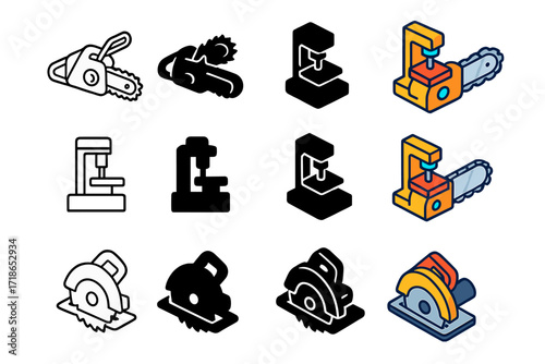 Dangerous Machinery Icons. Icon Set of Dangerous Machinery: Chainsaw, Industrial press, Circular saw. Icons set in vector style, emblematic variations.