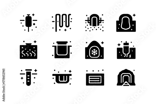 Underground Storage Icons. Underground storage. Solid icons set of underground storage: borehole tank, geothermal field, aquifer thermal storage, cavern heat
