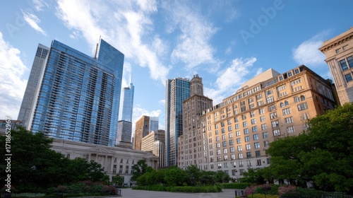 Modern city skyline with greenery, blue sky, and beautiful architecture in an urban setting
