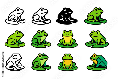 Biodiversity Logo Designs. Set Logo of Biodiversity Return: Frog on a lily pad. Logo set in vector style, emblematic variations. line, bold thick line, solid