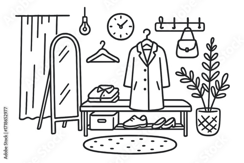 Dressing Area Doodle. Hand-drawn doodle illustration Dressing area mirror [full-length mirror, hanger, coat, shoe rack, bench, rug, box, folded shirt, curtain,