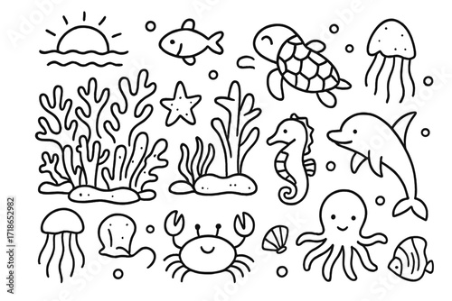Coral Reef Doodle. Coral Reef. Hand-drawn doodle illustration coral reef coral, fish, turtle, starfish, seahorse, crab, dolphin, shell, seaweed, octopus,