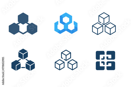 Blockchain Logo Variations. Blockchain. Set Logo of Blockchain: Digital ledger. harmonious logo variations of the same emblematic concept, each with different