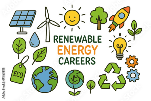 Renewable Energy Illustrations. Renewable Energy Careers. Colorful Hand-drawn doodle Children illustration Renewable Energy Careers solar panel, wind turbine,